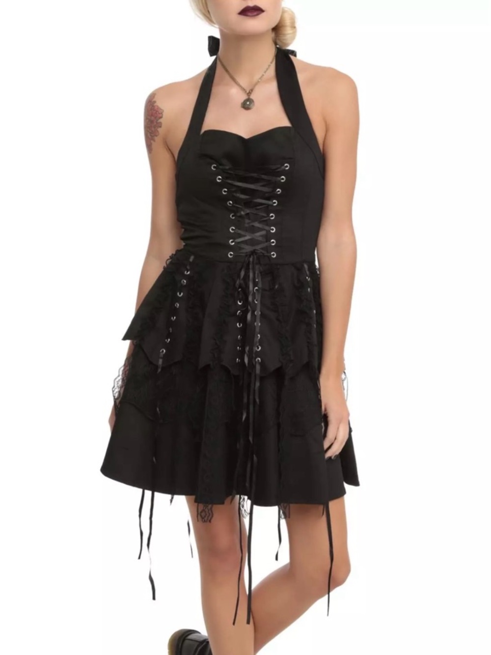 Hearts & Roses Black Corset Ruffle Mini Dress Black Lace-Up Gothic Halter Dress